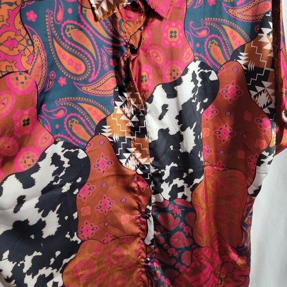 Two 2 Fly Blouse Eclectic 90s XL Grandmillenial Retro Y2K BOHO top snap closure - Picture 6 of 12